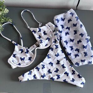SHEIN White Bikini Set with Blue Butterfly Print
